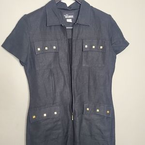 Vintage Black Zip Front Dress Long Sz 8 Gold Accents Pockets